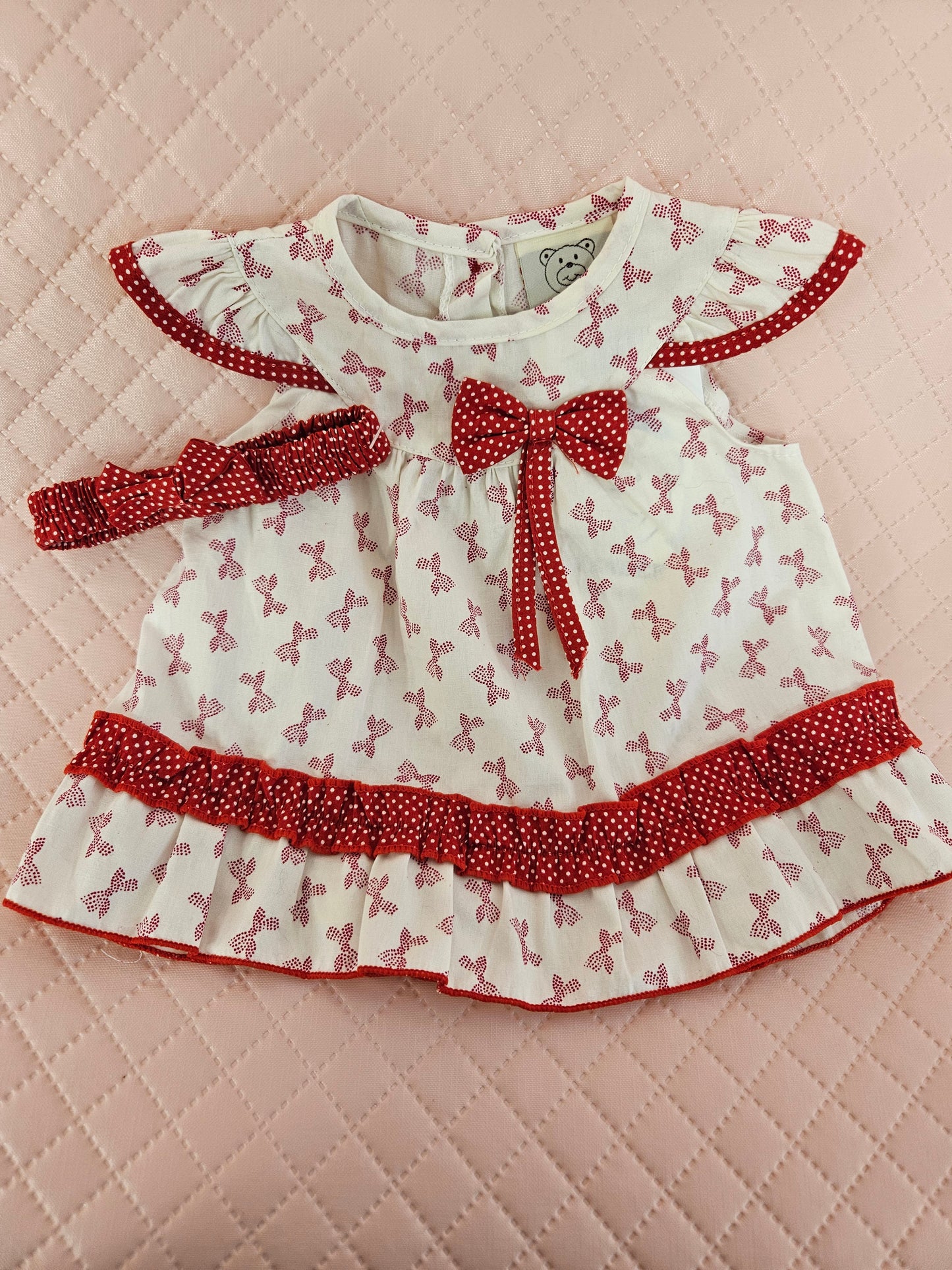 Girls 0-3 Months White with Red Bows Dress and Hair Bow