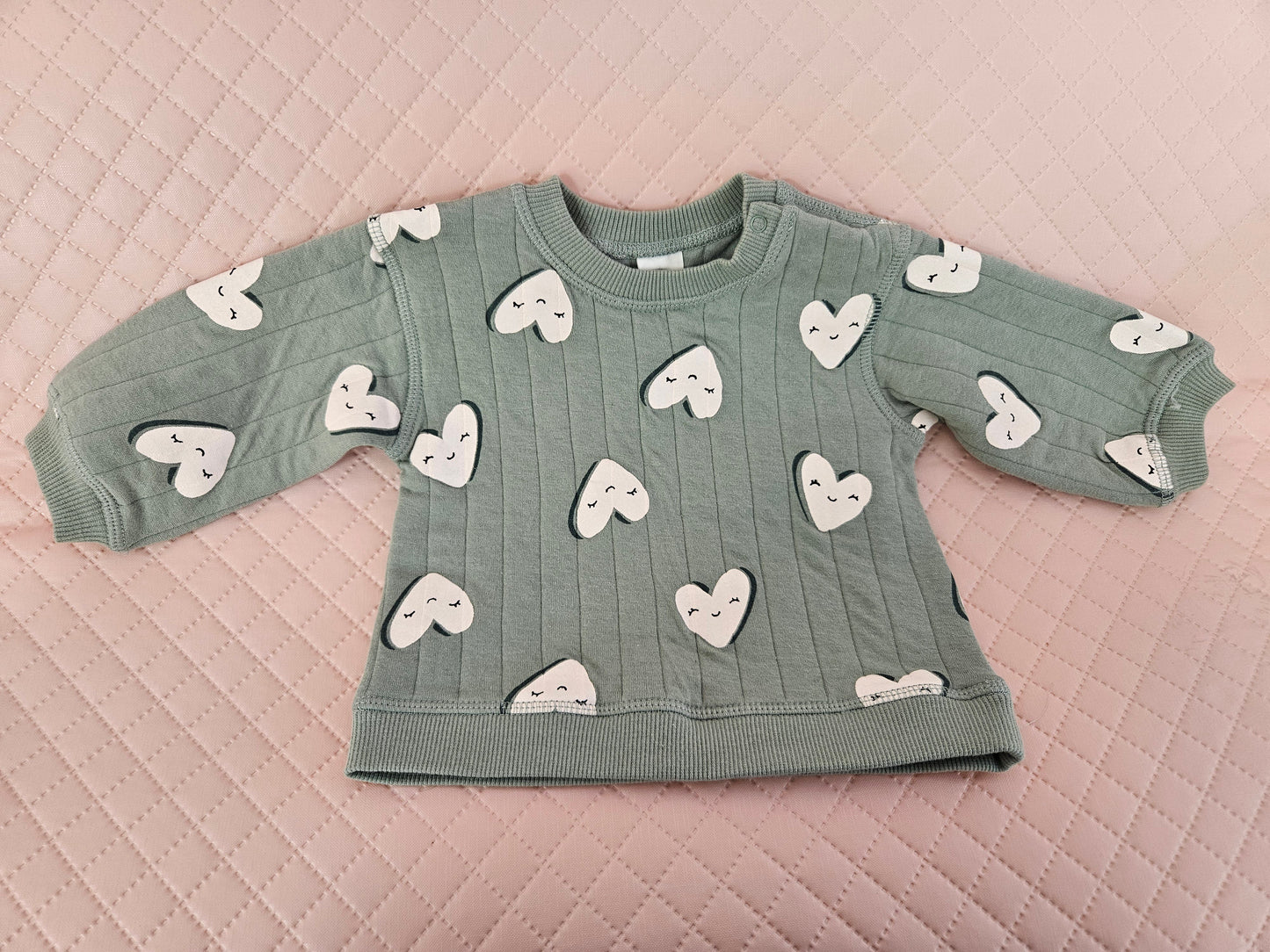 Girls 3-6 Months Sage Green Sweater with White Heart Faces