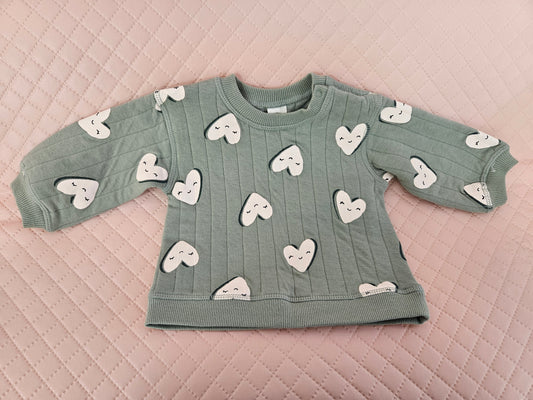 Girls 3-6 Months Sage Green Sweater with White Heart Faces