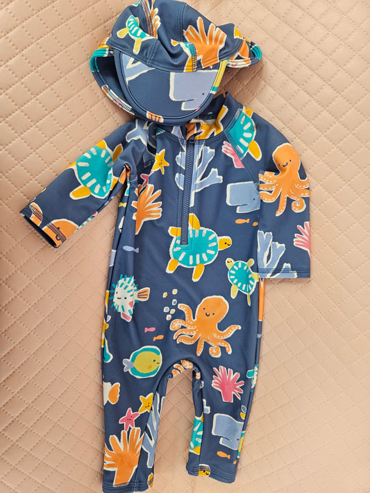 Boys 0-3 Months One Piece Swimsuit with long sleeves and cap