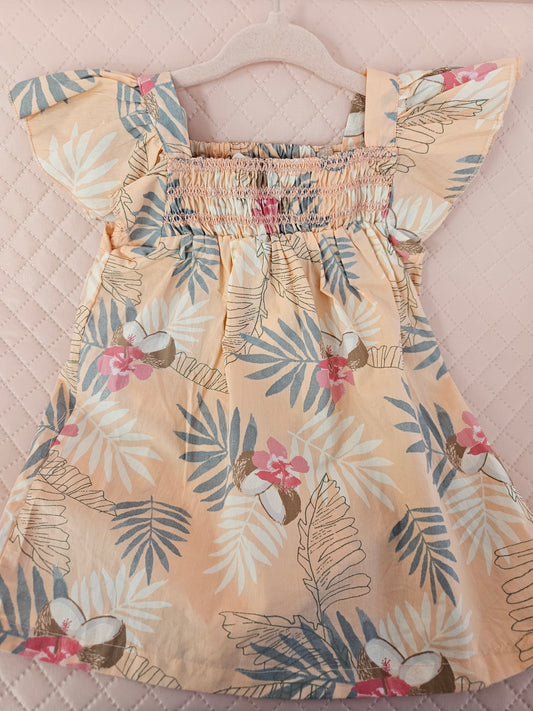 Girls 6-9 Months Peach Coloured Tropical Print Summer Dress