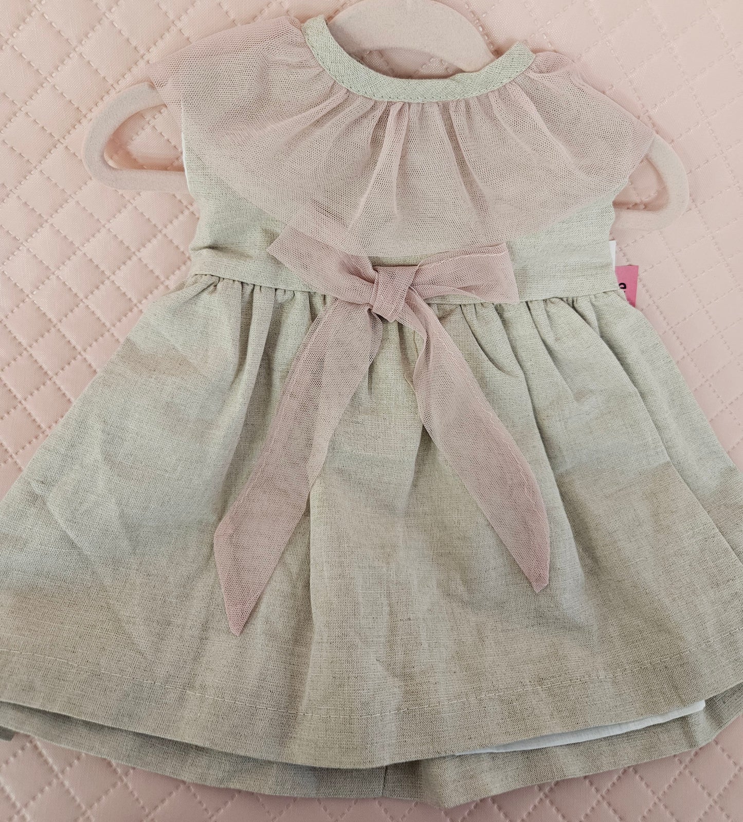 Girls 6-9 Months Beige Cotton Dress with Pink Tulle Bow