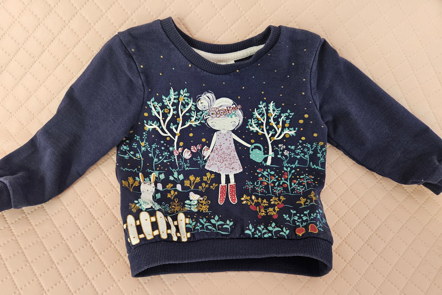 Girls 9-12 Months Navy Sweatshirt with Girl in Garden Pattern