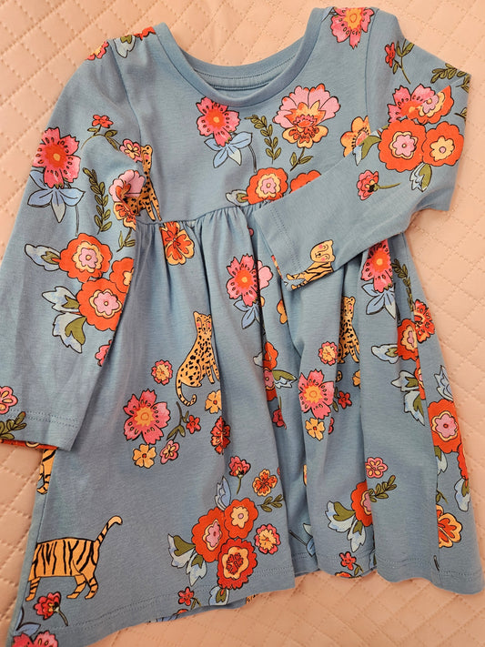 Girls 9-12 Months Blue Long Sleeve Dress with Flowers and Leopards