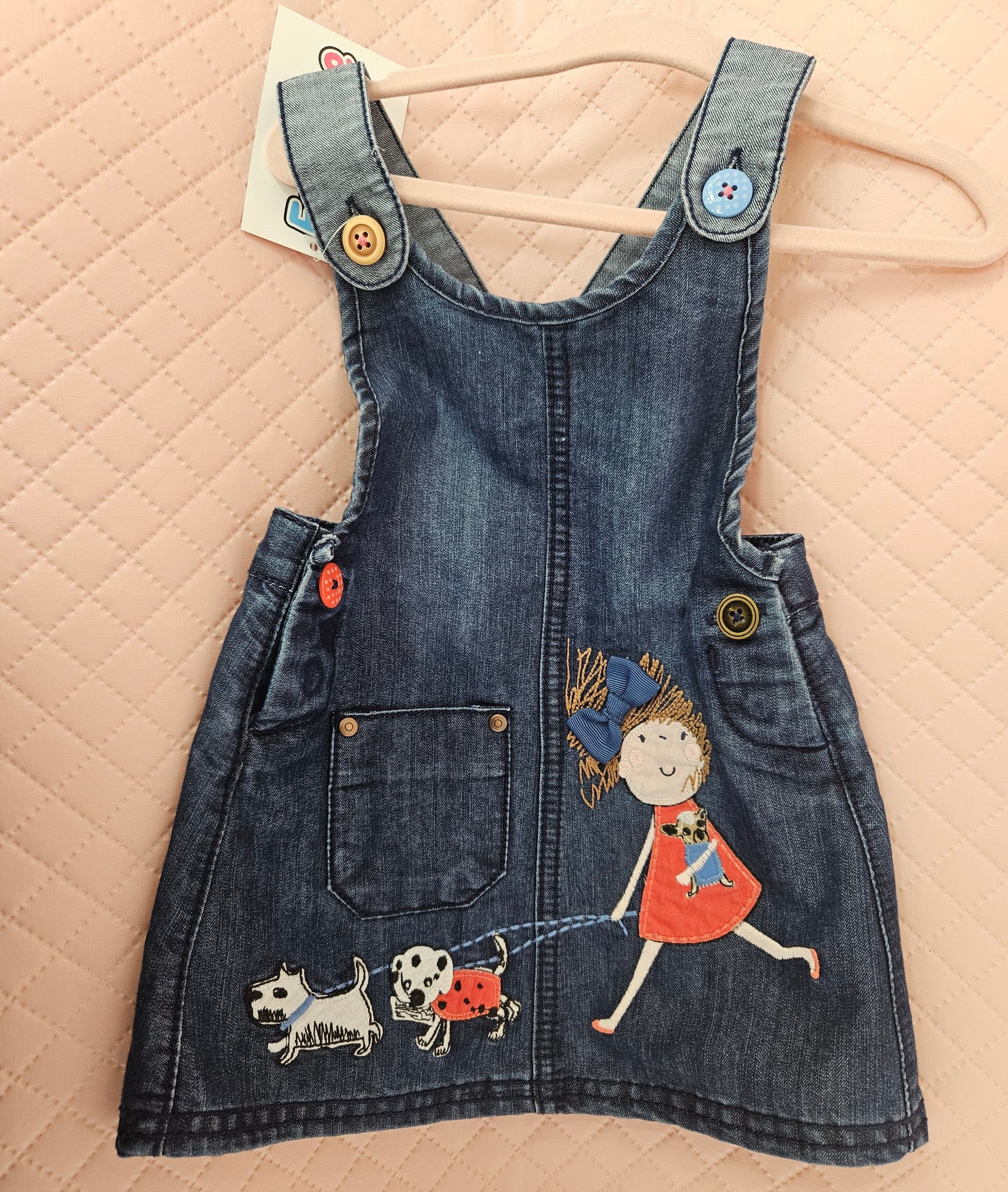 Girls 9-12 Months Denim Dungaree Dress with Embroidery