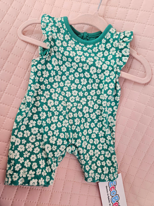 Girls 0-3 Months Green Playsuit with Daisies Preloved